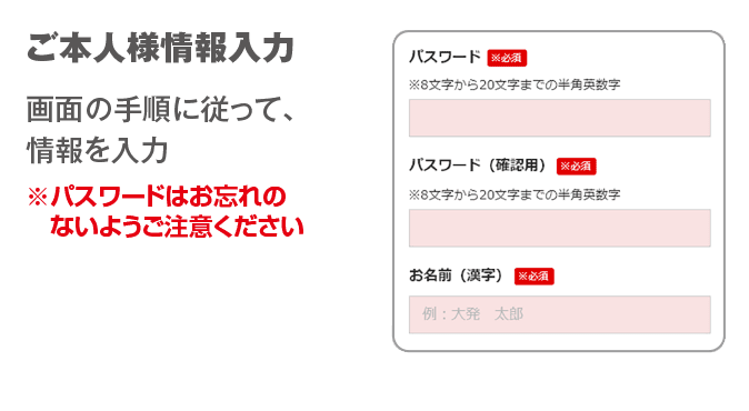 ご本人様情報入力　画面の手順に従い、情報を入力 ※パスワードはお忘れのないようご注意ください